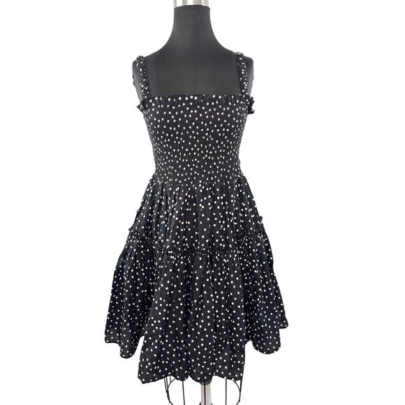 Asos Dresses & Skirts - ASOS Black White Fit & Flare Dress Polka Dot Smocked Raw Cut Edges Pullover Sz 8